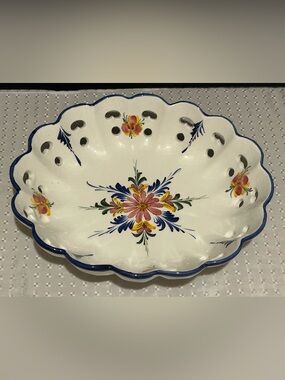 12" Hand Painted Porcelain Pierced Floral Plate Made In Portugal RCCL